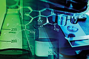 A flask filtered on molecule design and other lab equipment for PK-PD calculations