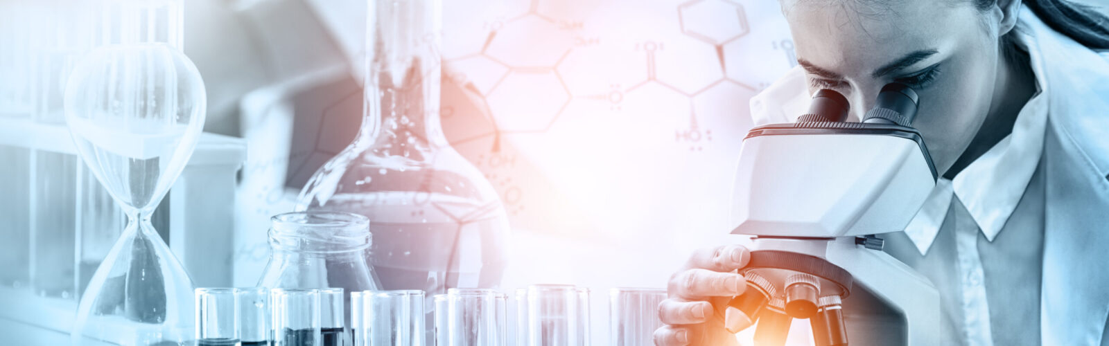 woman peering in microscope overlayed with flasks and beakers